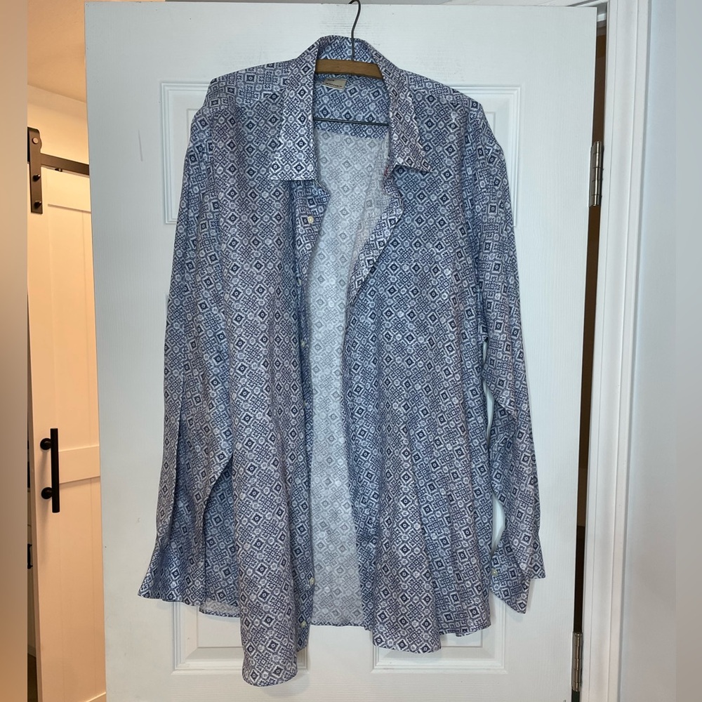 MASON’S crisp linen button front shirt in blue and white print - Mens 3XB